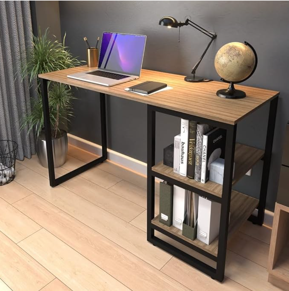 Mesa Home Office C/prateleiras De Metal E&A - Preto/Canela